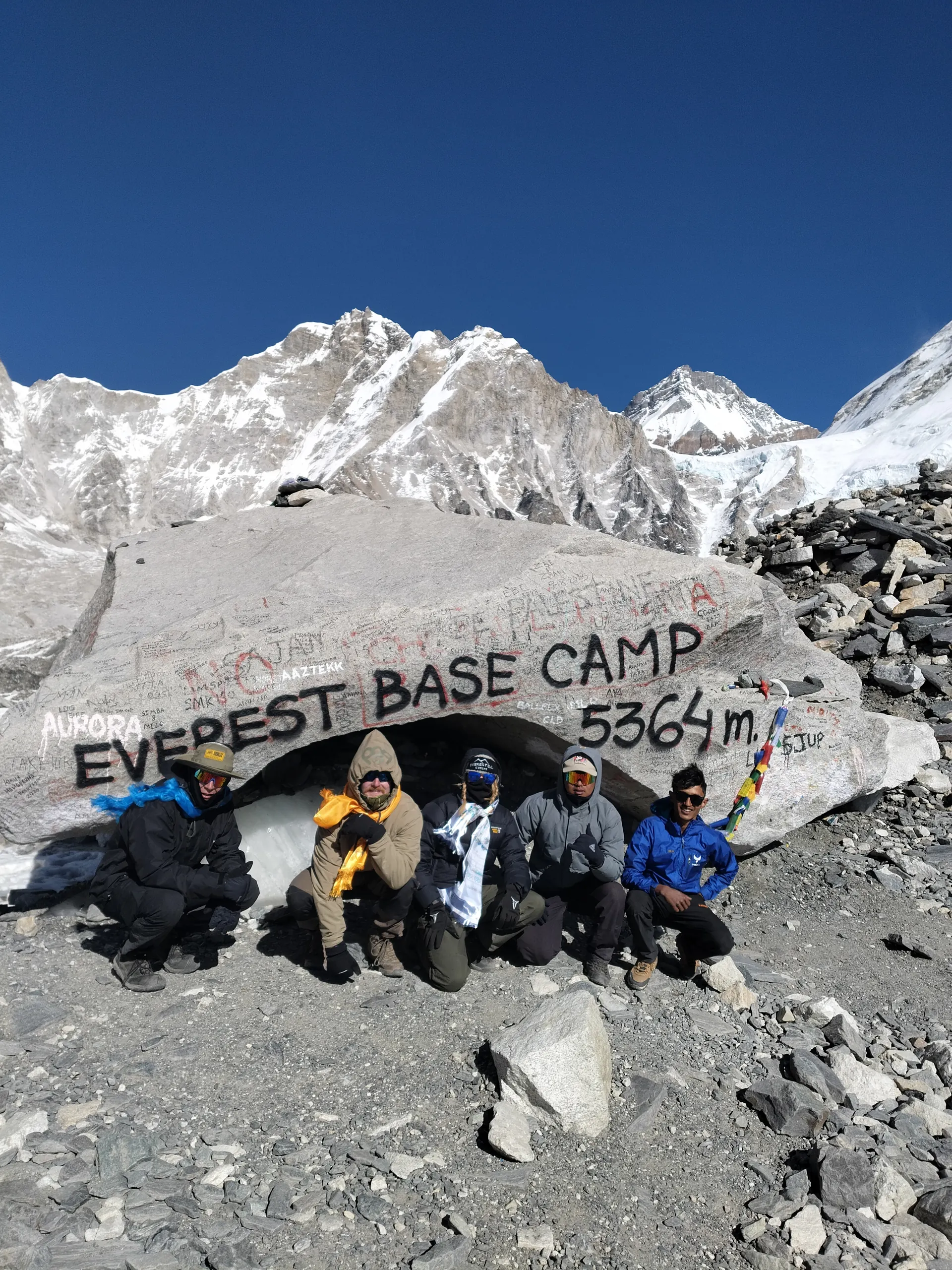 Himalayan peaks at sunset with prayer flags